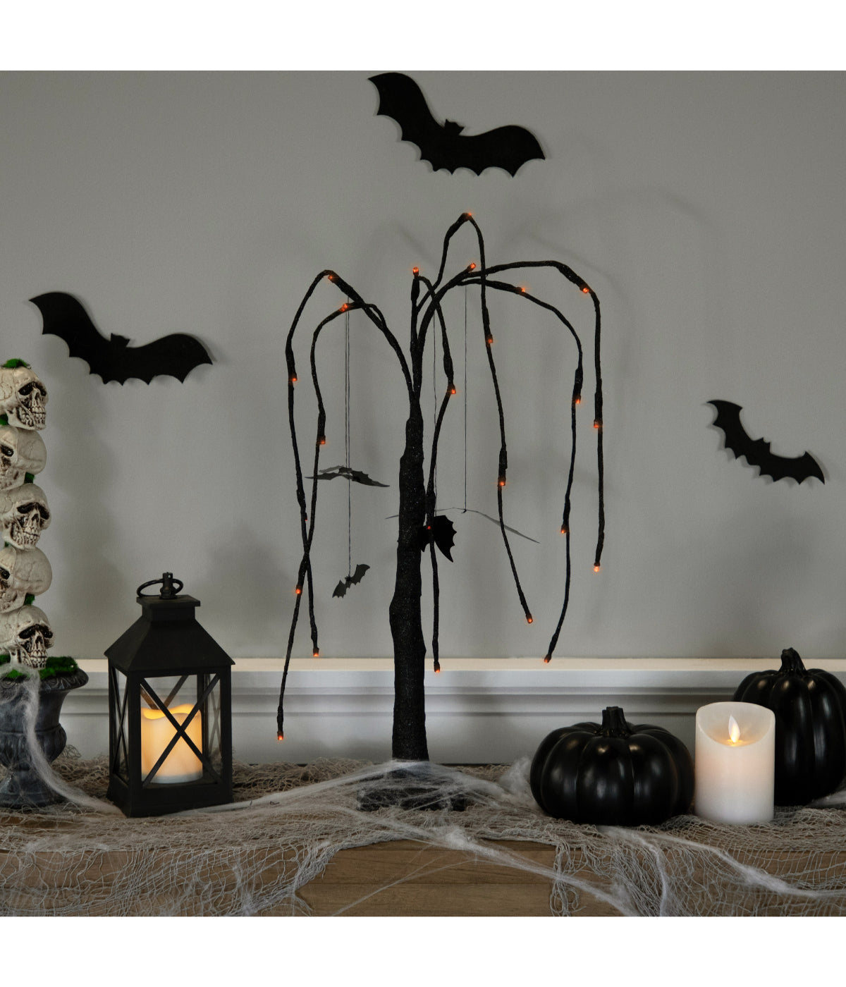  Lighted Black Glittered Halloween Willow Tree with Bats - Black - Bonton