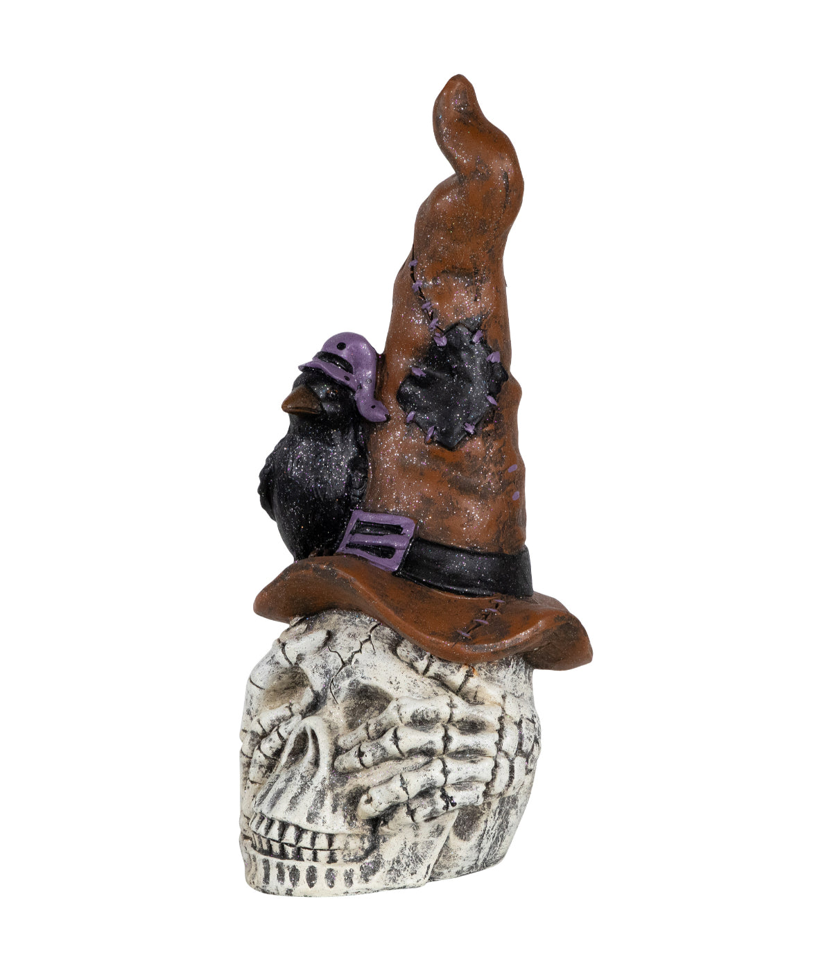  Skull in Witches Hat with Crow Halloween Decoration - White - Bonton