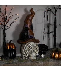 Skull in Witches Hat with Crow Halloween Decoration