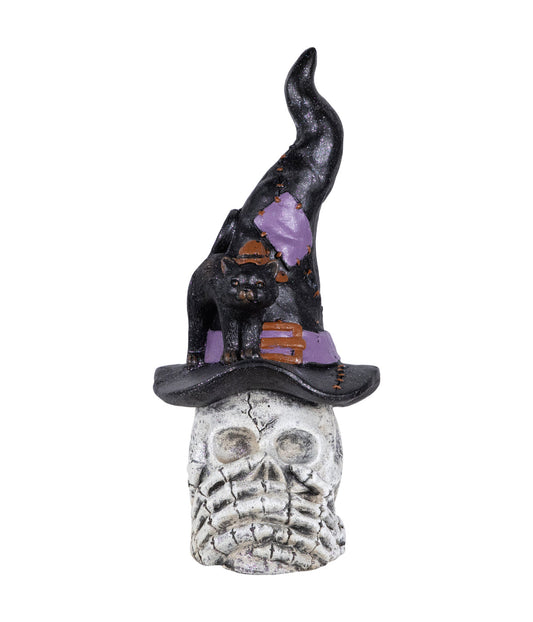 Skull in Witch Hat with Black Cat Halloween Decoration