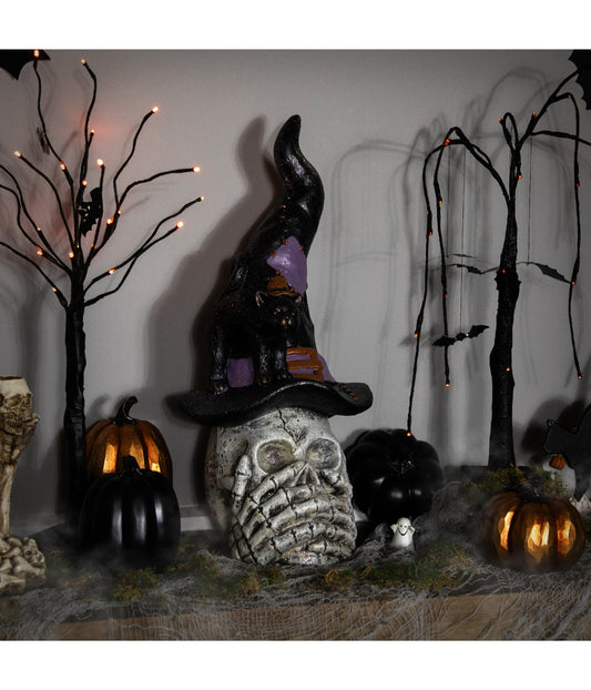 Skull in Witch Hat with Black Cat Halloween Decoration