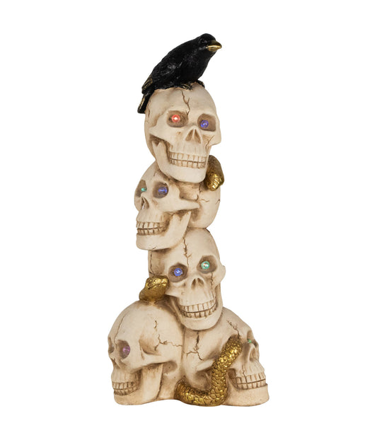 Lighted Skull Tower with Raven Halloween Decoration