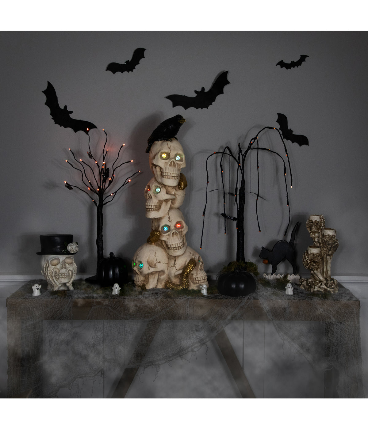  Lighted Skull Tower with Raven Halloween Decoration - Beige - Bonton