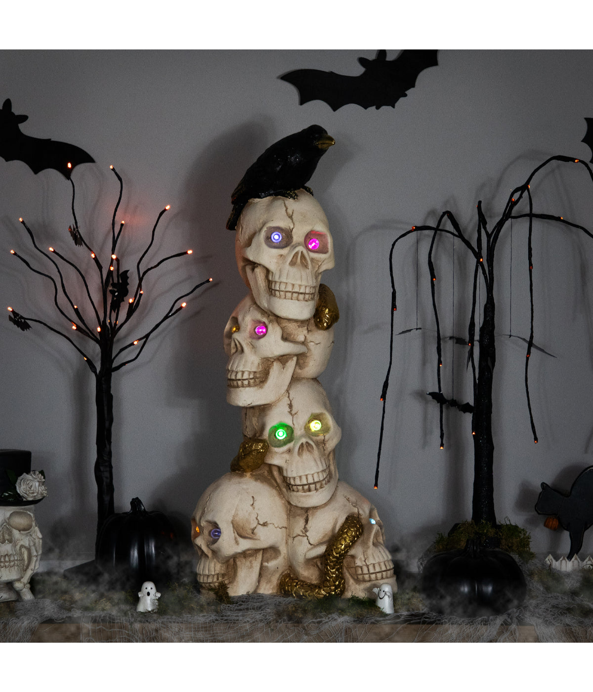  Lighted Skull Tower with Raven Halloween Decoration - Beige - Bonton