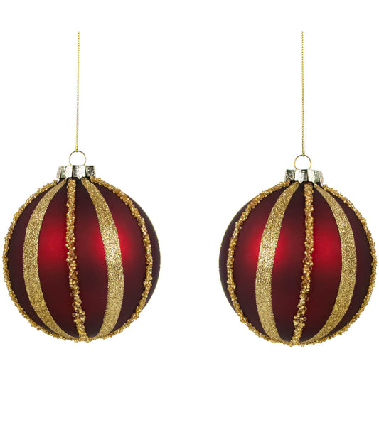 Set of 2 Burgundy and Gold Striped Beaded Christmas Glass Ball Ornaments, 4"