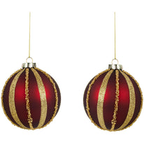 Set of 2 Burgundy and Gold Striped Beaded Christmas Glass Ball Ornaments, 4"