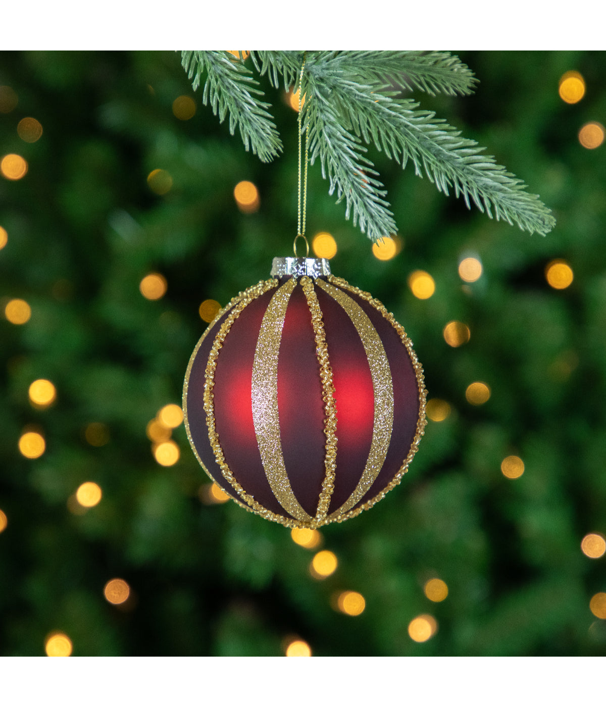  Set of 2 Burgundy and Gold Striped Beaded Christmas Glass Ball Ornaments, 4