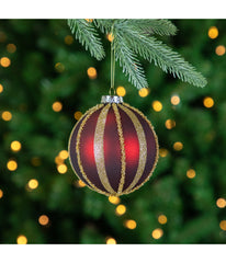 Set of 2 Burgundy and Gold Striped Beaded Christmas Glass Ball Ornaments, 4"