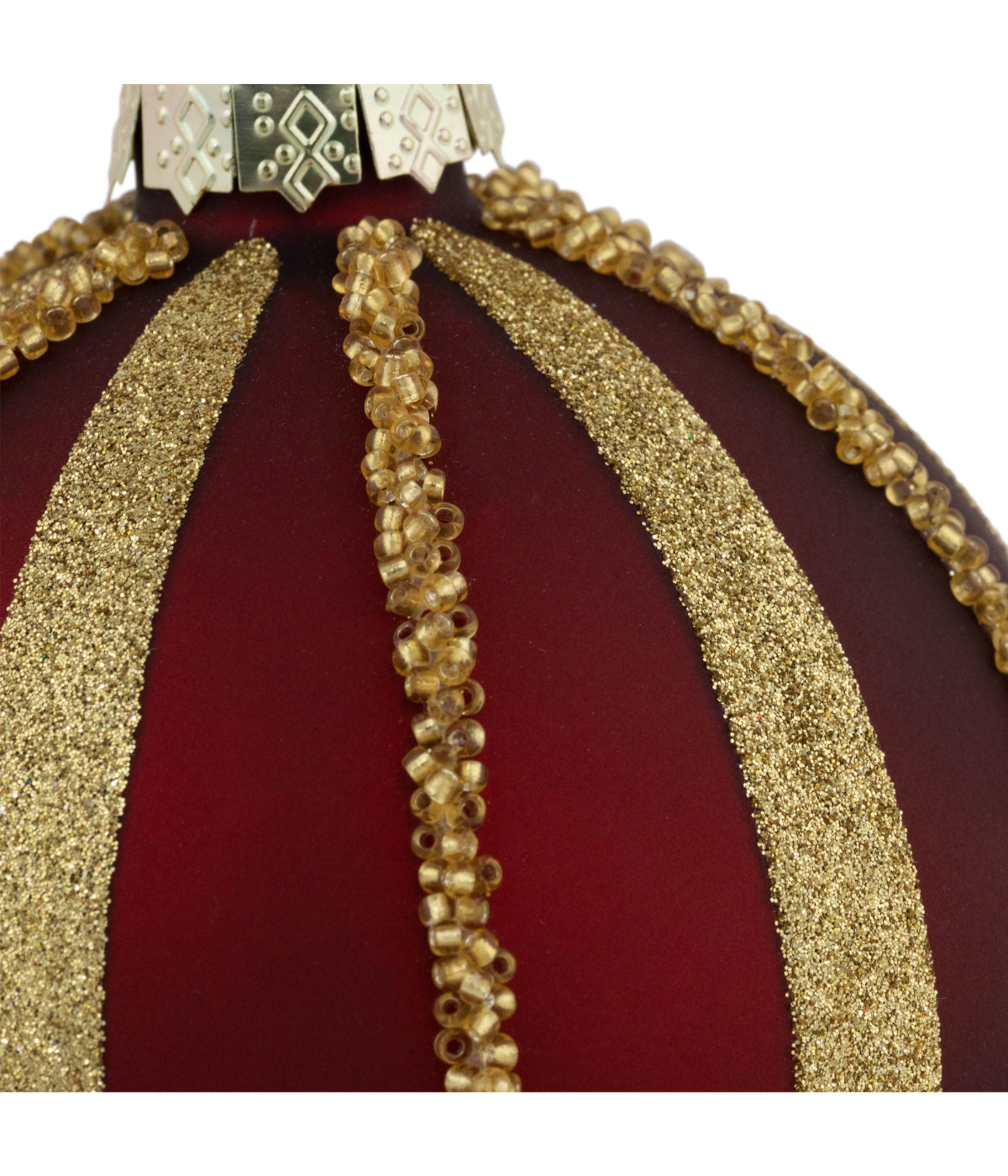  Set of 2 Burgundy and Gold Striped Beaded Christmas Glass Ball Ornaments, 4