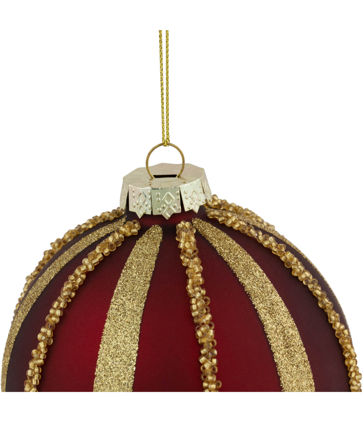  Set of 2 Burgundy and Gold Striped Beaded Christmas Glass Ball Ornaments, 4