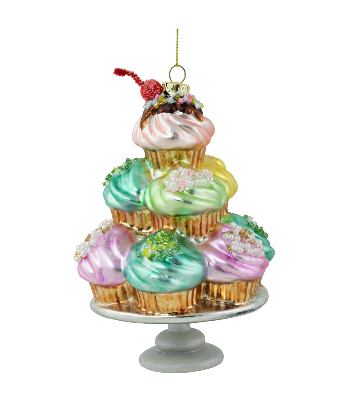  Pink & Blue Cupcake Tower Glass Christmas Ornament, 6