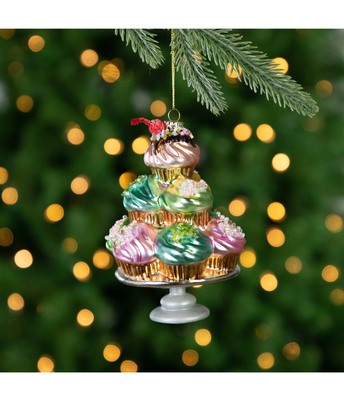  Pink & Blue Cupcake Tower Glass Christmas Ornament, 6