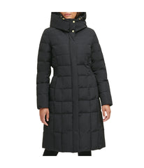 Box Quilt Down Zip Front Coat Black