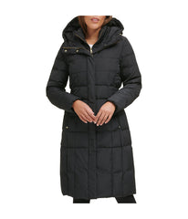 Box Quilt Down Zip Front Coat Black