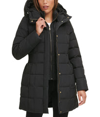 Box Quilt Down Zip Front Coat Dark Black