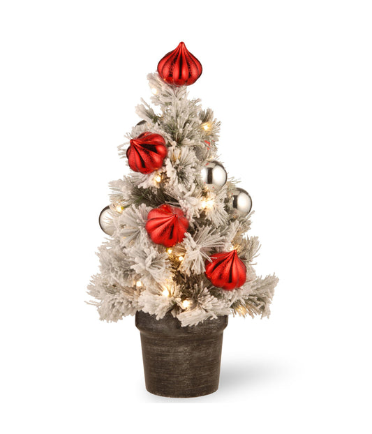 Potted Snowy Bristle Pine Artificial Christmas Tree with Pre-Lit Warm White LED Lights, 2'