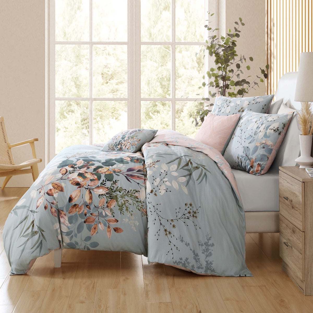  Bebejan Peach Leaves on Sage 100% Cotton 5-Piece Reversible Comforter Set - QUEEN - Bonton