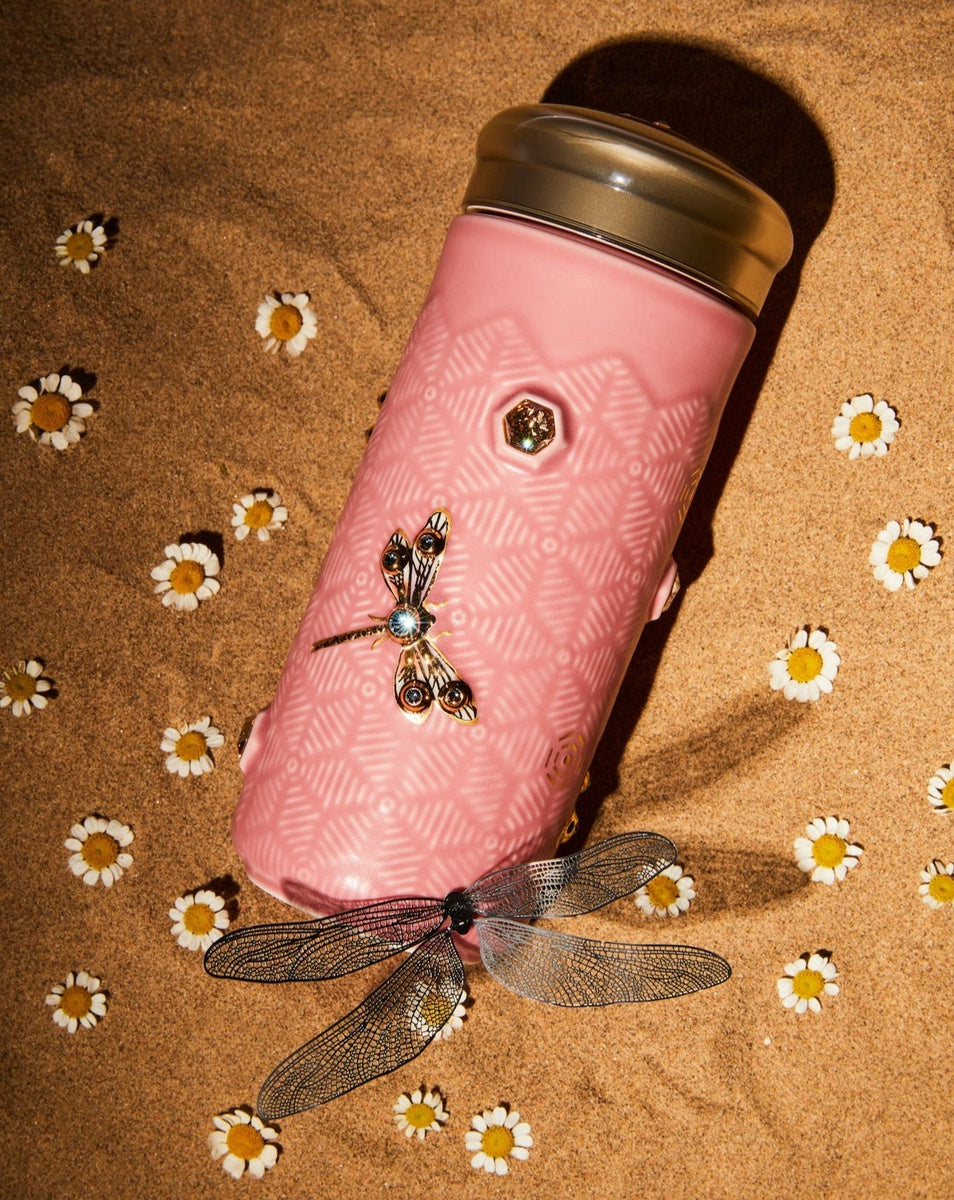  Acera Dragonfly Serenity Travel Mug With Crystals - White and Hand Painted Gold with Crystals - Bonton