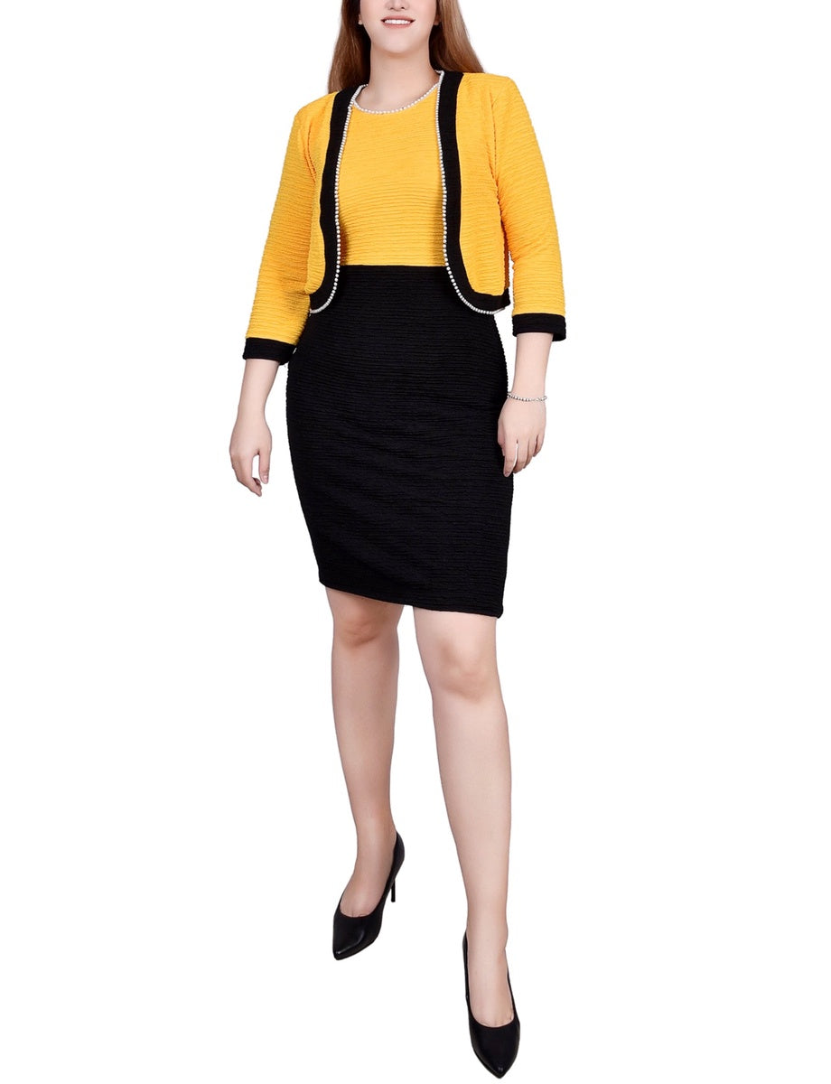  NY Collection Petite 3/4 Sleeve Textured Knit 2 Piece Dress Set - Black Lemon - Bonton
