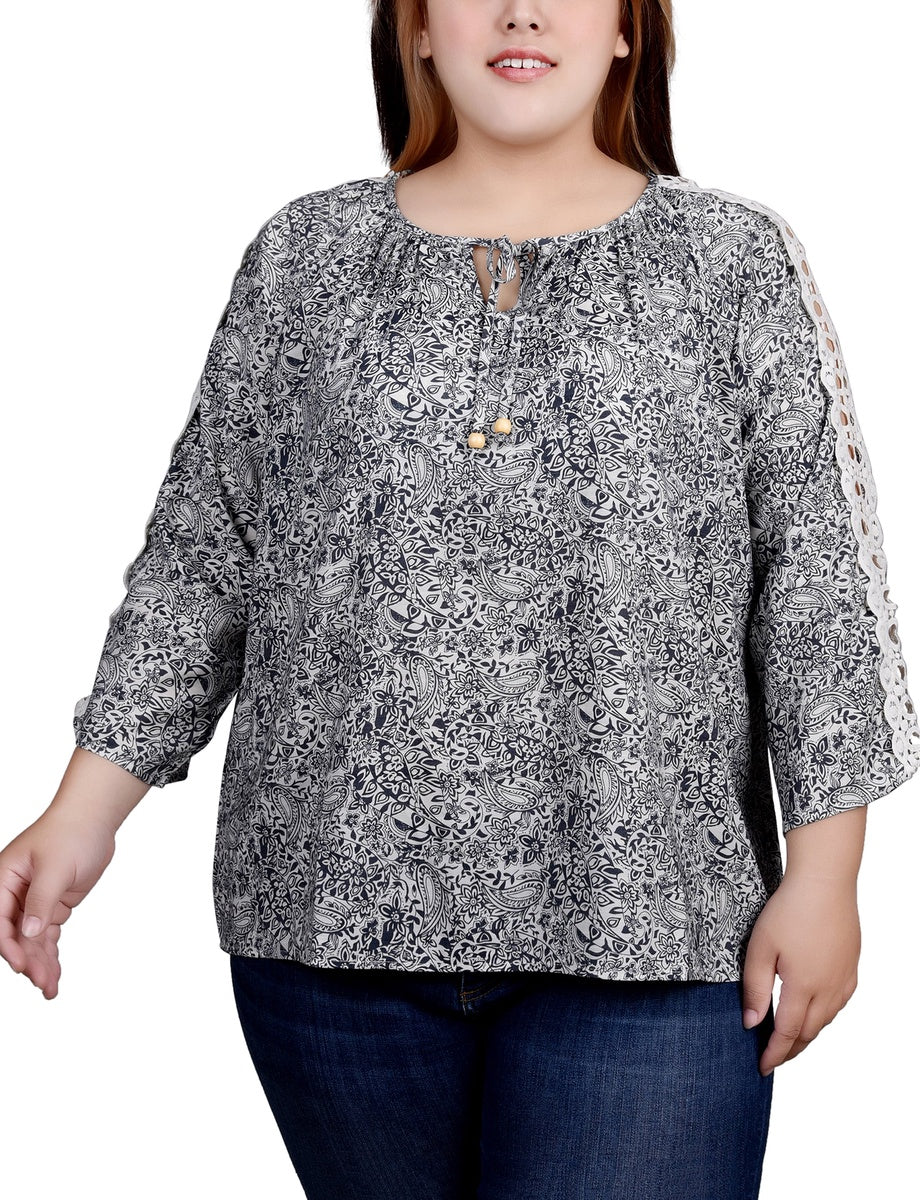  NY Collection Plus Size 3/4 Sleeve Crochet Detail Blouse - Black - Bonton