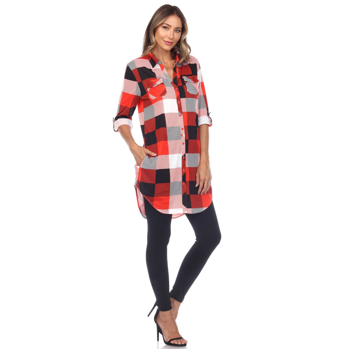  White Mark Women's Plaid Button Down Tunic Top - S - Bonton