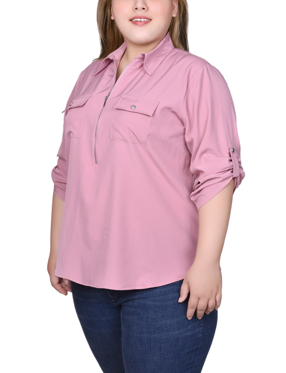  NY Collection Plus Size 3/4 Roll Tab Sleeve Zip Front Blouse - Lilas - Bonton