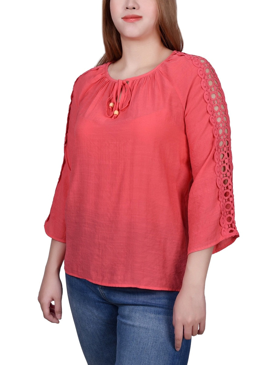  NY Collection 3/4 Sleeve Crochet Detail Blouse - Blue - Bonton