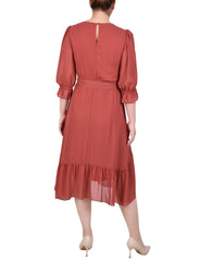 Petite 3/4 Sleeve V-Neck Flounced Dress