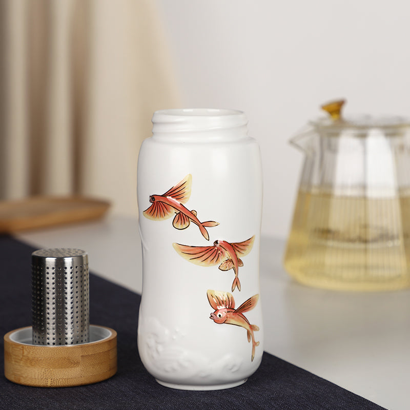  Acera The Joy of Fish Travel Mug ( Double Wall ) - White with Red Fishes (Hand- painted) - Bonton