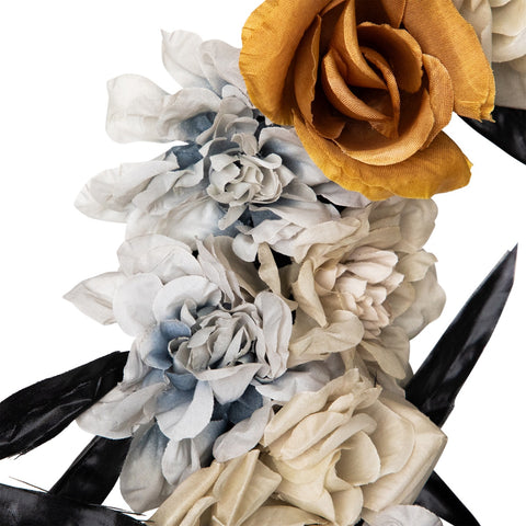 Skulls With Roses Halloween Foliage Wreath - 14" - Orange  Gray and Black - Unlit