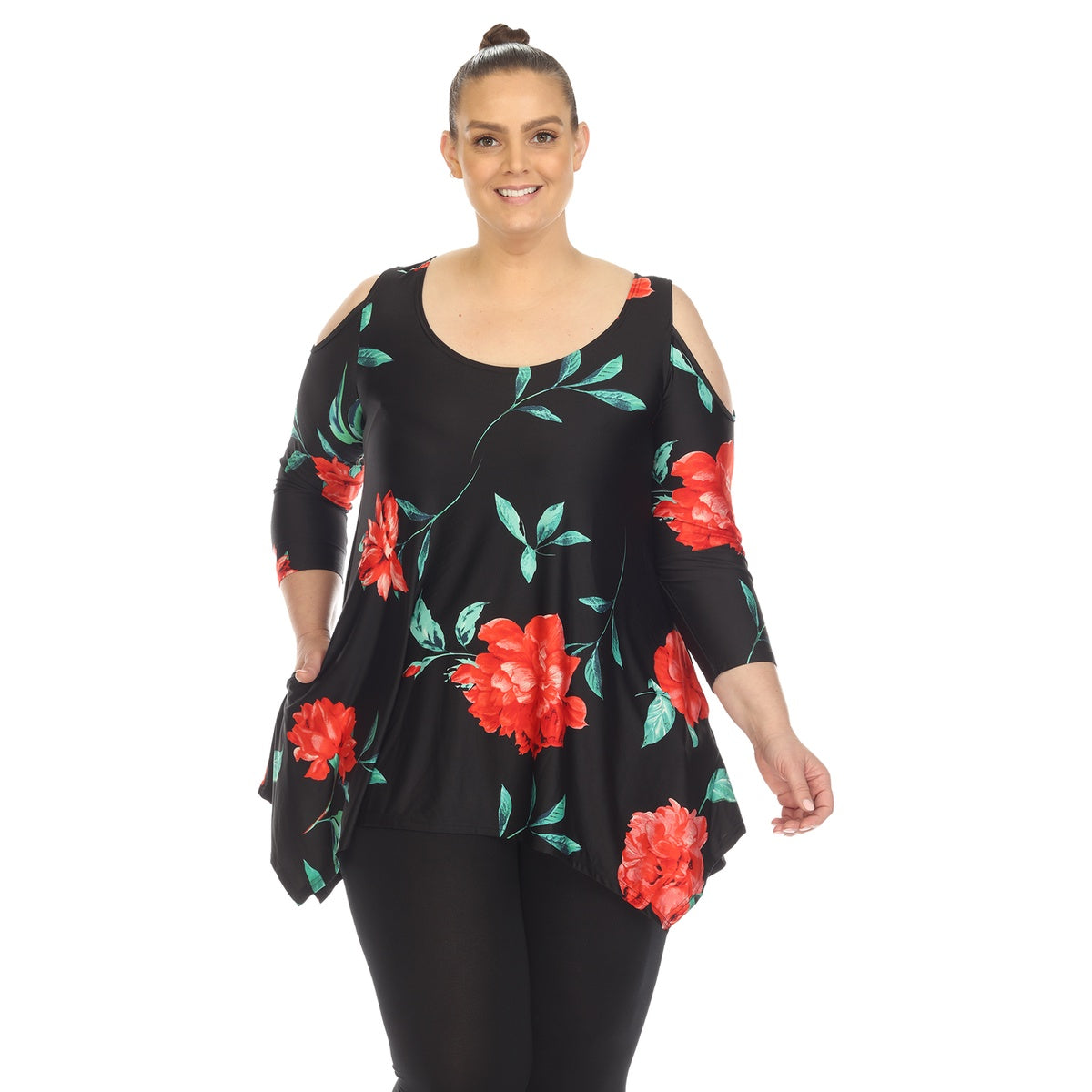  White Mark Plus Size Floral Printed Cold Shoulder Tunic - 1X - Bonton