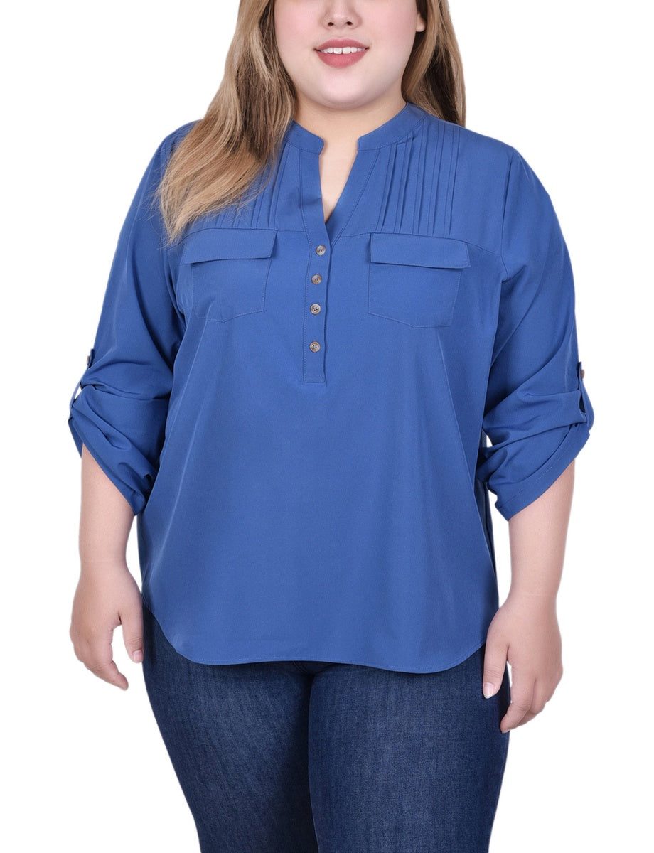  NY Collection Long Tab-Sleeve Blouse With Pockets - Golden Glow - Bonton