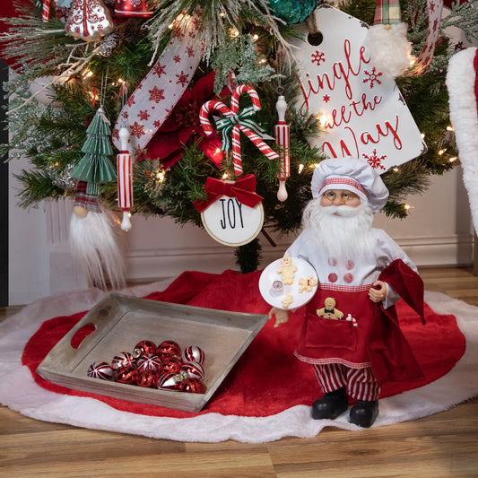 48" Red and White Velveteen Christmas Tree Skirt With White Trim