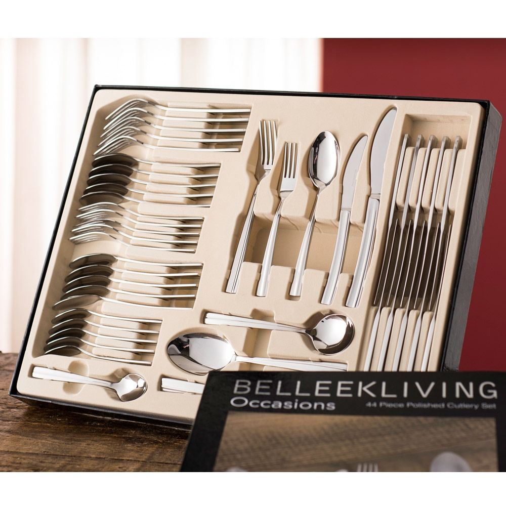  Belleek Living Occasions 44 Piece Cutlery Set with Wooden Presentation Box - Stainless Steel - Bonton