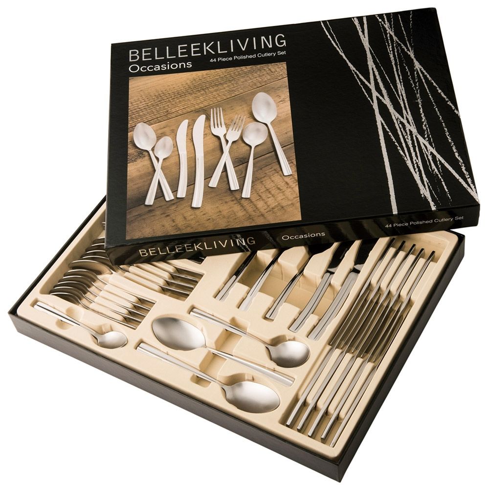  Belleek Living Occasions 44 Piece Cutlery Set with Wooden Presentation Box - Stainless Steel - Bonton