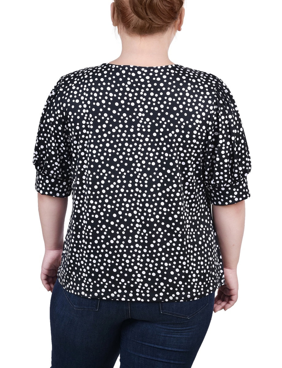  NY Collection Plus Size Short Sleeve Balloon Sleeve Top With Hardware - Black Taupe Zebra - Bonton