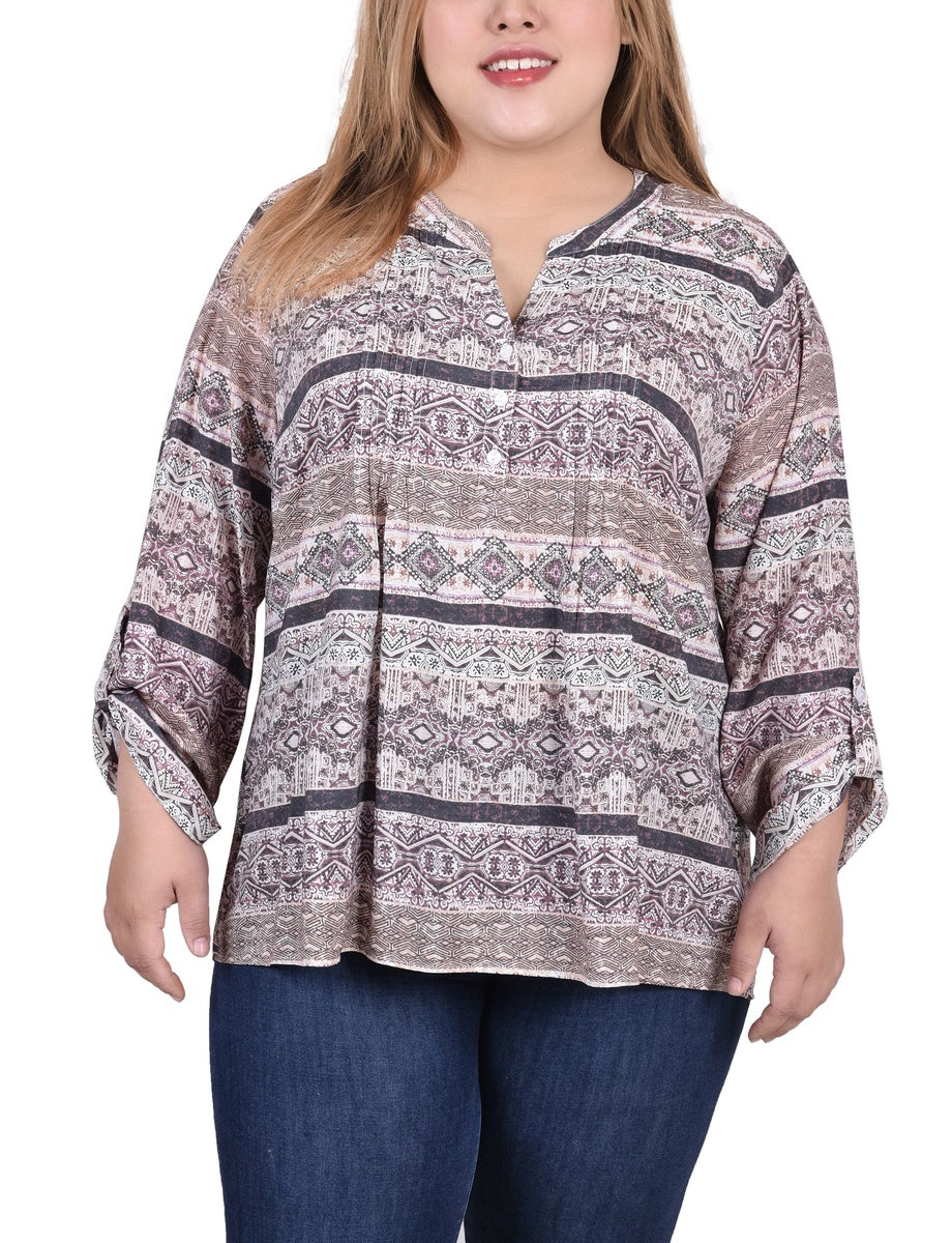  NY Collection Plus Size Long Roll Tab Sleeve Pintuck Front Blouse - Blue Chevron - Bonton