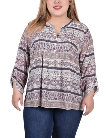 Plus Size Long Roll Tab Sleeve Pintuck Front Blouse