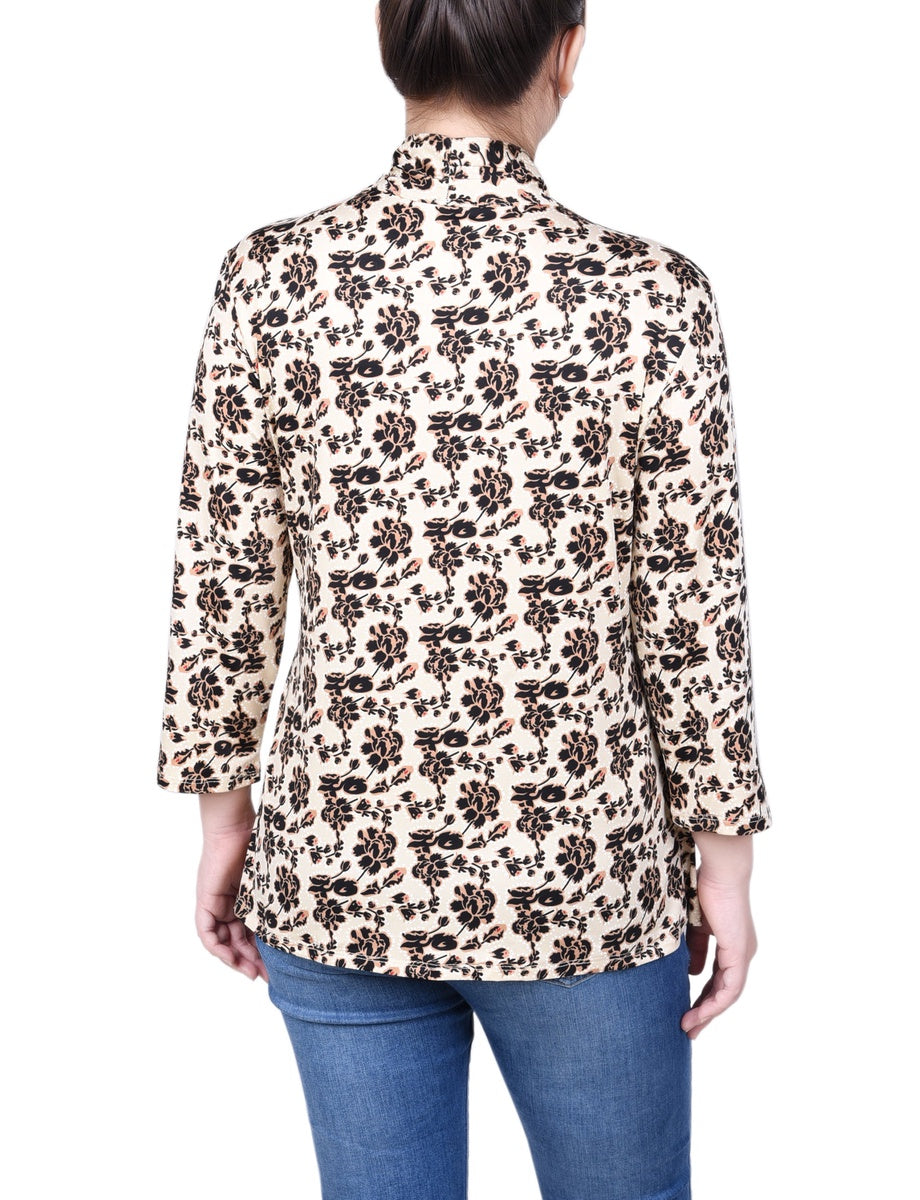  NY Collection Petite Puff Print 3/4 Sleeve Two-Fer Top - Jester Red Ivory Geo - Bonton