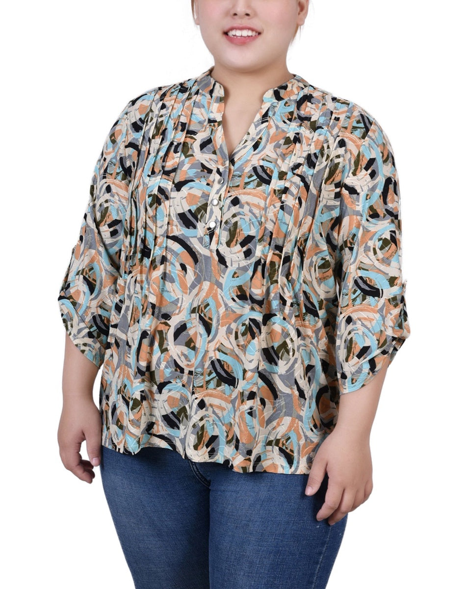  NY Collection Plus Size 3/4 Roll Tab Sleeve Y Neck Top - Grey Floral - Bonton