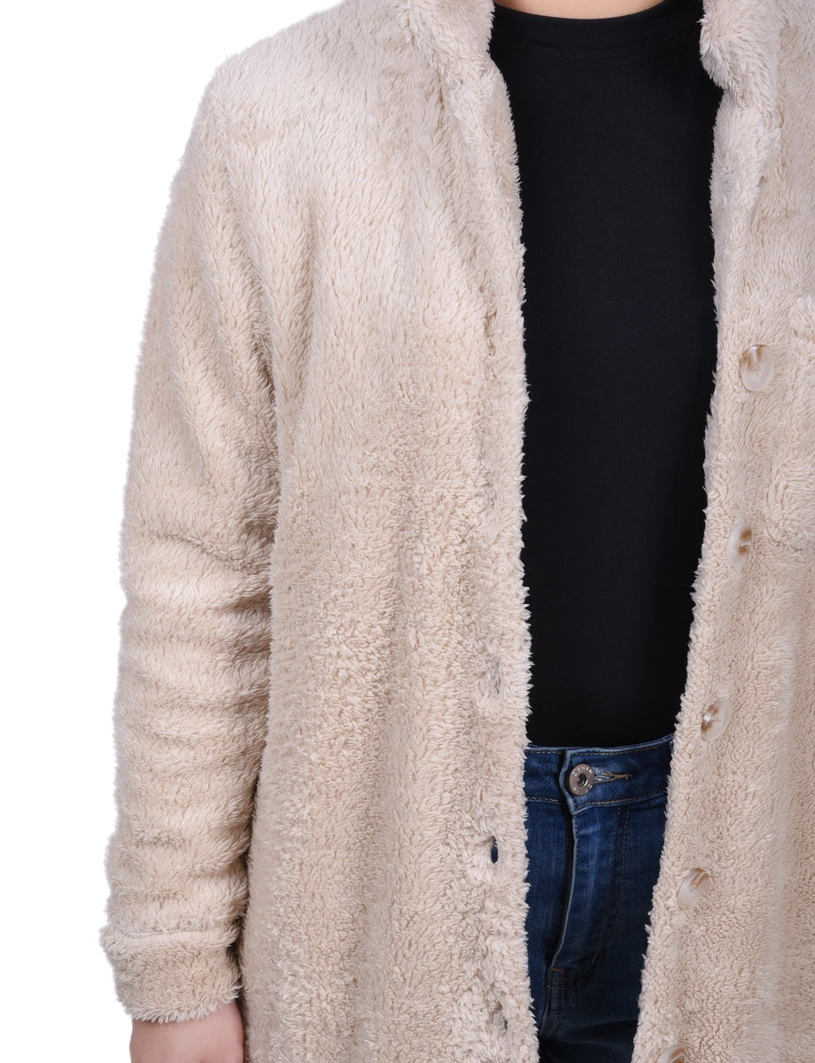  NY Collection Long Sleeve Button Front Sherpa Jacket - Ivory - Bonton