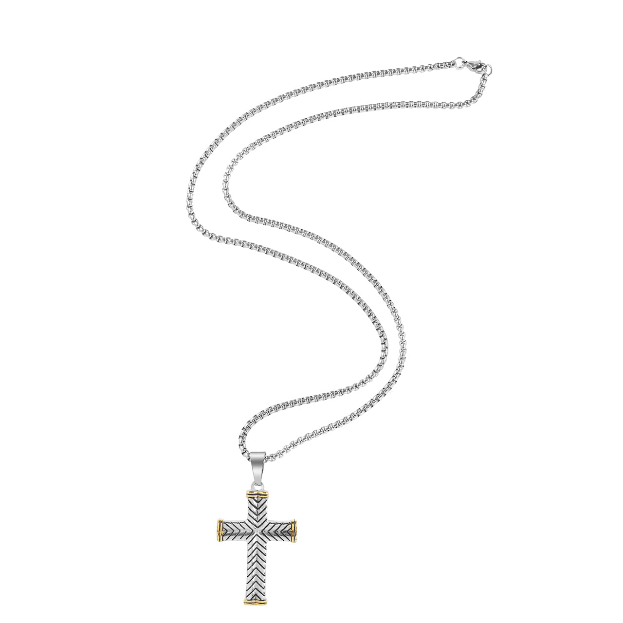  Gemesis Jewels by Edforce Figaro Chain with Striped Cross Pendant Necklace - Silver/Gold - Bonton