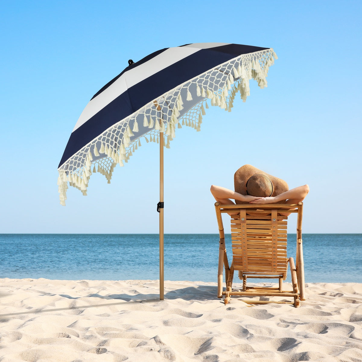  Northlight Striped Outdoor Tilting Beach Market Umbrella - 6.5' - Blue and White - Blue and White - Bonton