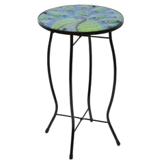 19" Blue and Green Peacock Glass Patio Side Table