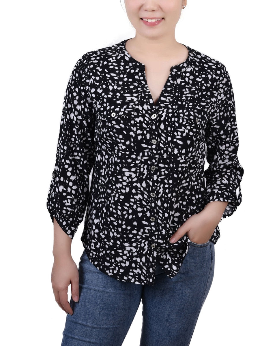  NY Collection Petite 3/4 Sleeve Roll Tab Y Neck Blouse - Black White Abstract - Bonton