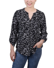 Petite 3/4 Sleeve Roll Tab Y Neck Blouse