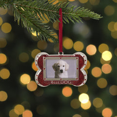 European Crystals "Best Dog" Bone Christmas Ornament- 3" - Red and Silver Finish