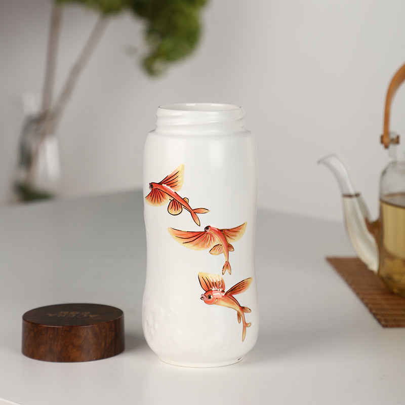  Acera The Joy of Fish Travel Mug ( Double Wall ) - White with Red Fishes (Hand- painted) - Bonton