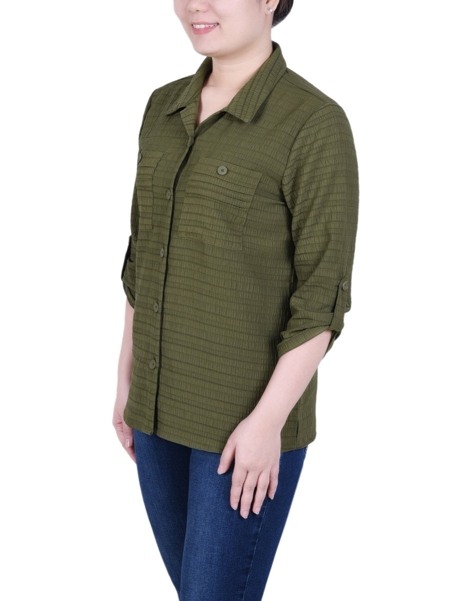  NY Collection Petite 3/4 Sleeve Woven Jacquard Blouse - Gibraltar Sea - Bonton
