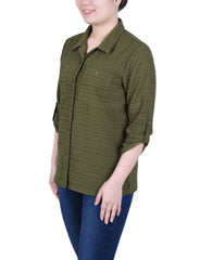 Petite 3/4 Sleeve Woven Jacquard Blouse